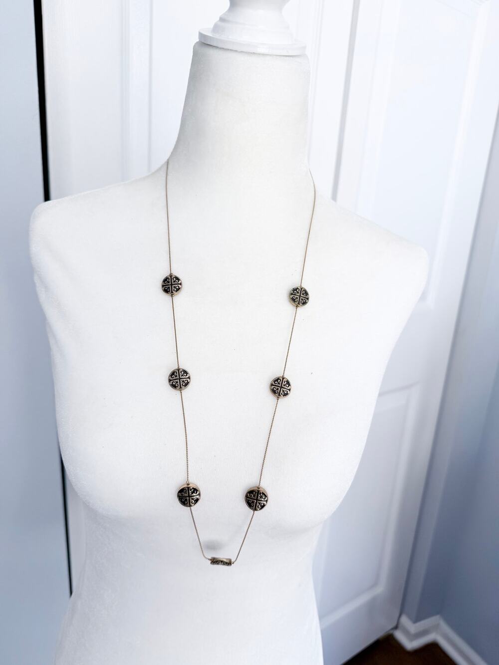Long Gold Tone Black Enamel Medallion Station Necklace Boho Ornate